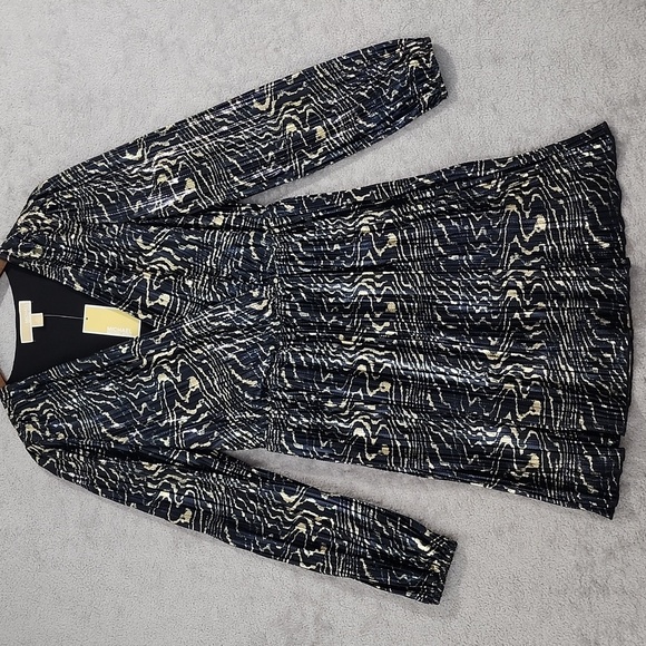 NEW Michael Kors Womens S Pleated Metallic Fit Black Gold Mini Wrap Dress - Picture 2 of 12